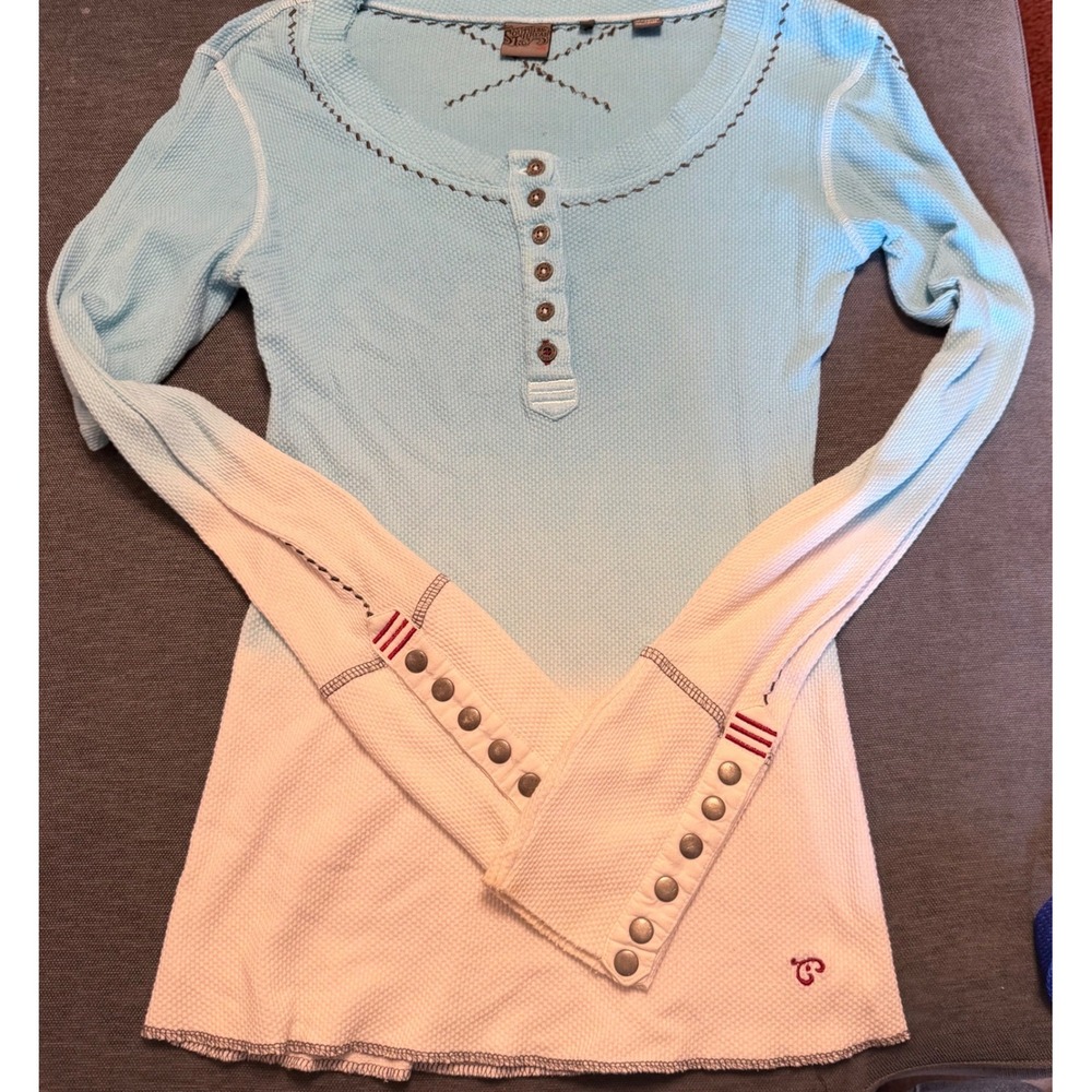 Southern Thread Womens Ombre Waffle Knit Henley Top Blue White Long Sleeve M
